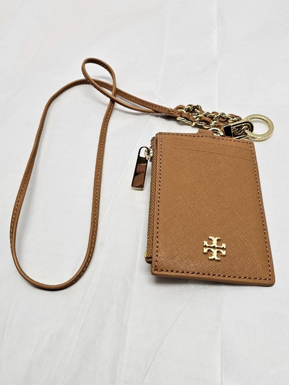 Tory Burch Robinson Card Case Lanyard ID Leather Gold Tone Logo Zipper Brown